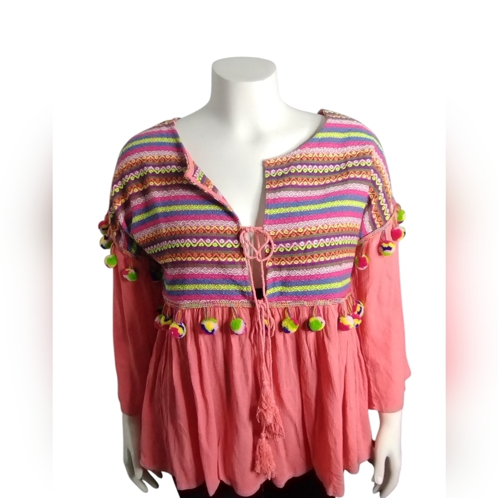 VELZERA Embroidered Coral Festival Pompom Bohemian โ Peasant Tassel Top Plus 1XL